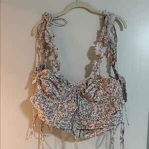For Love & Lemons White Floral Ruffled Tie-Shoulder Crop Top